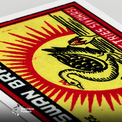 Swan with Sunburst - vintage matchbox label print - close-up detail