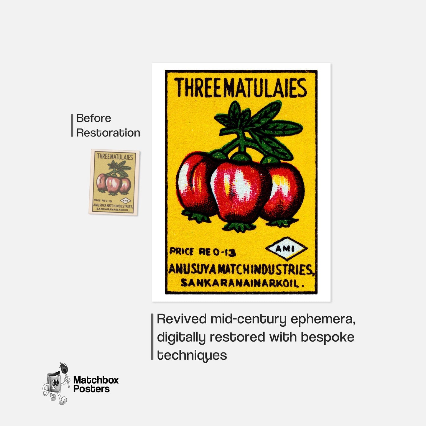 Three Tomatoes - vintage matchbox label print - framed wall art preview