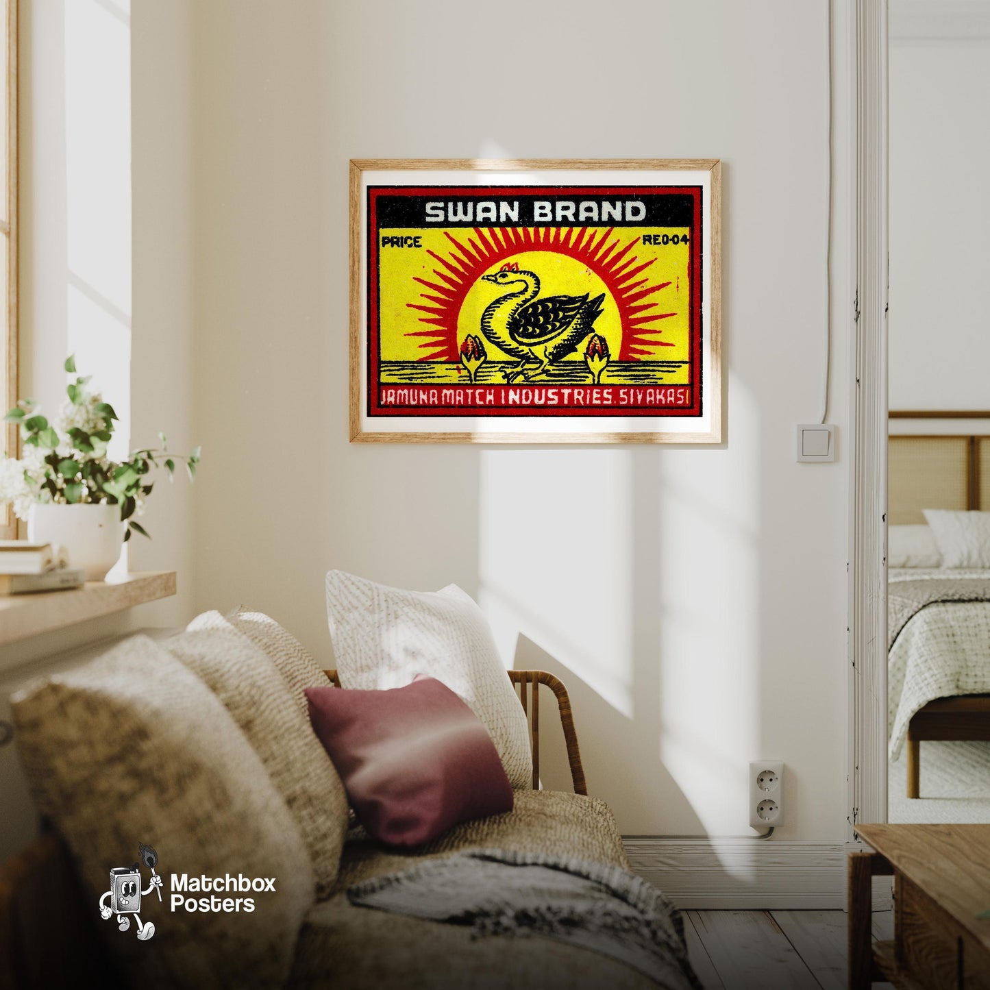Swan with Sunburst - vintage matchbox label print - living room mockup