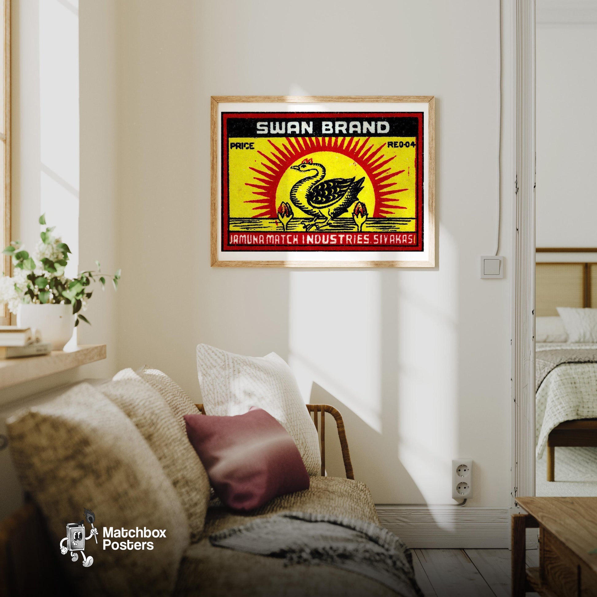 Swan with Sunburst - vintage matchbox label print - living room mockup