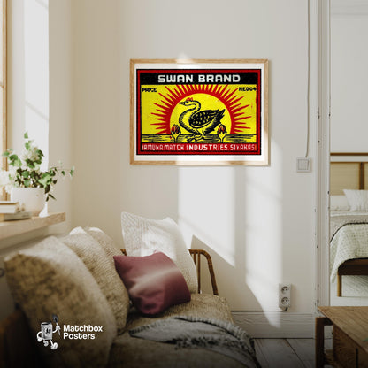 Swan with Sunburst - vintage matchbox label print - living room mockup