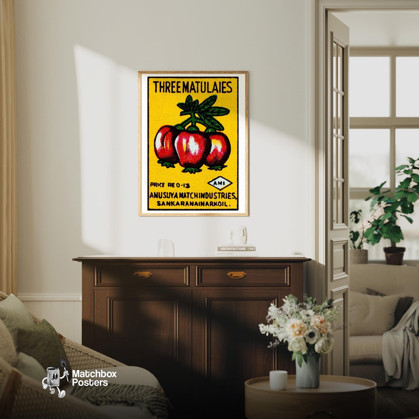 Three Tomatoes - vintage matchbox label print - living room mockup
