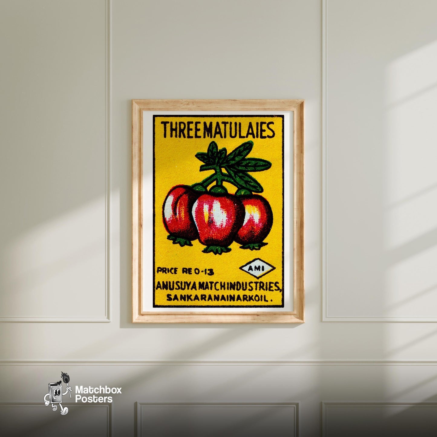 Three Tomatoes - vintage matchbox label print - bedroom mockup