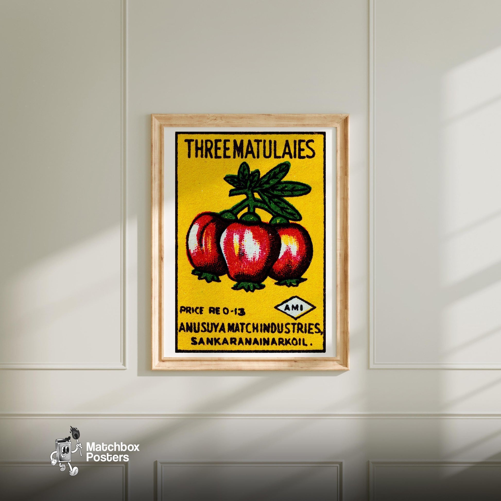 Three Tomatoes - vintage matchbox label print - bedroom mockup