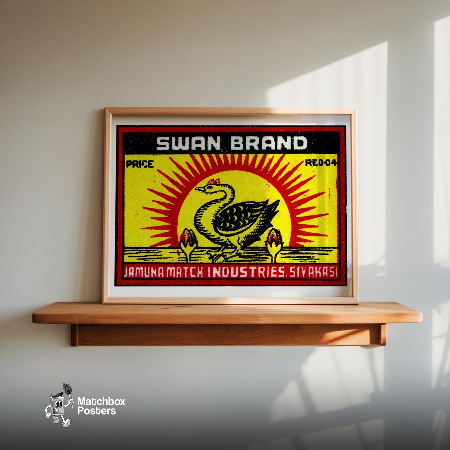 Swan with Sunburst - vintage matchbox label print - size comparison
