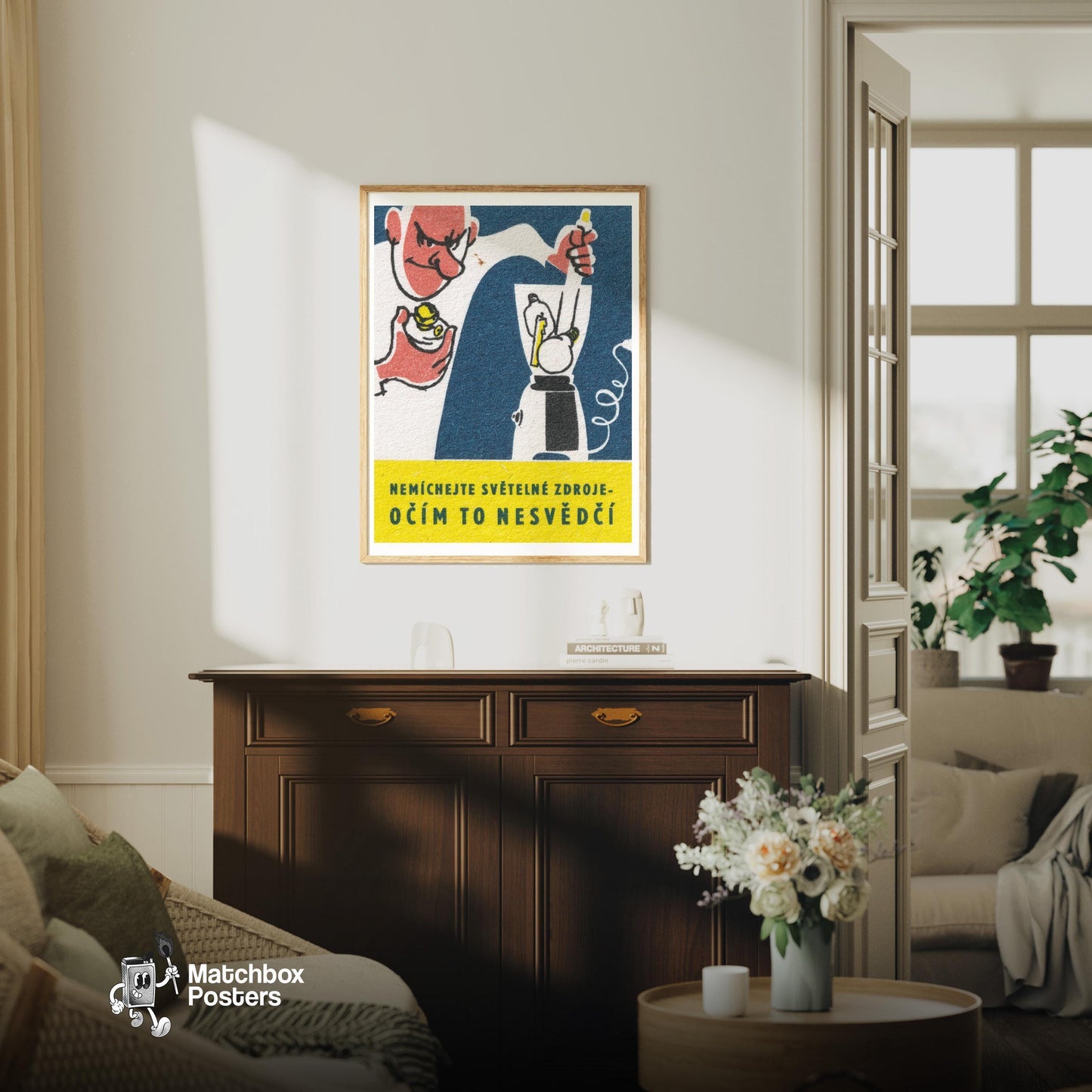 Man Blending Light Bulbs - vintage matchbox label print - living room mockup