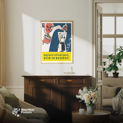 Man Blending Light Bulbs - vintage matchbox label print - living room mockup