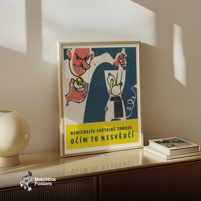 Man Blending Light Bulbs - vintage matchbox label print - size comparison