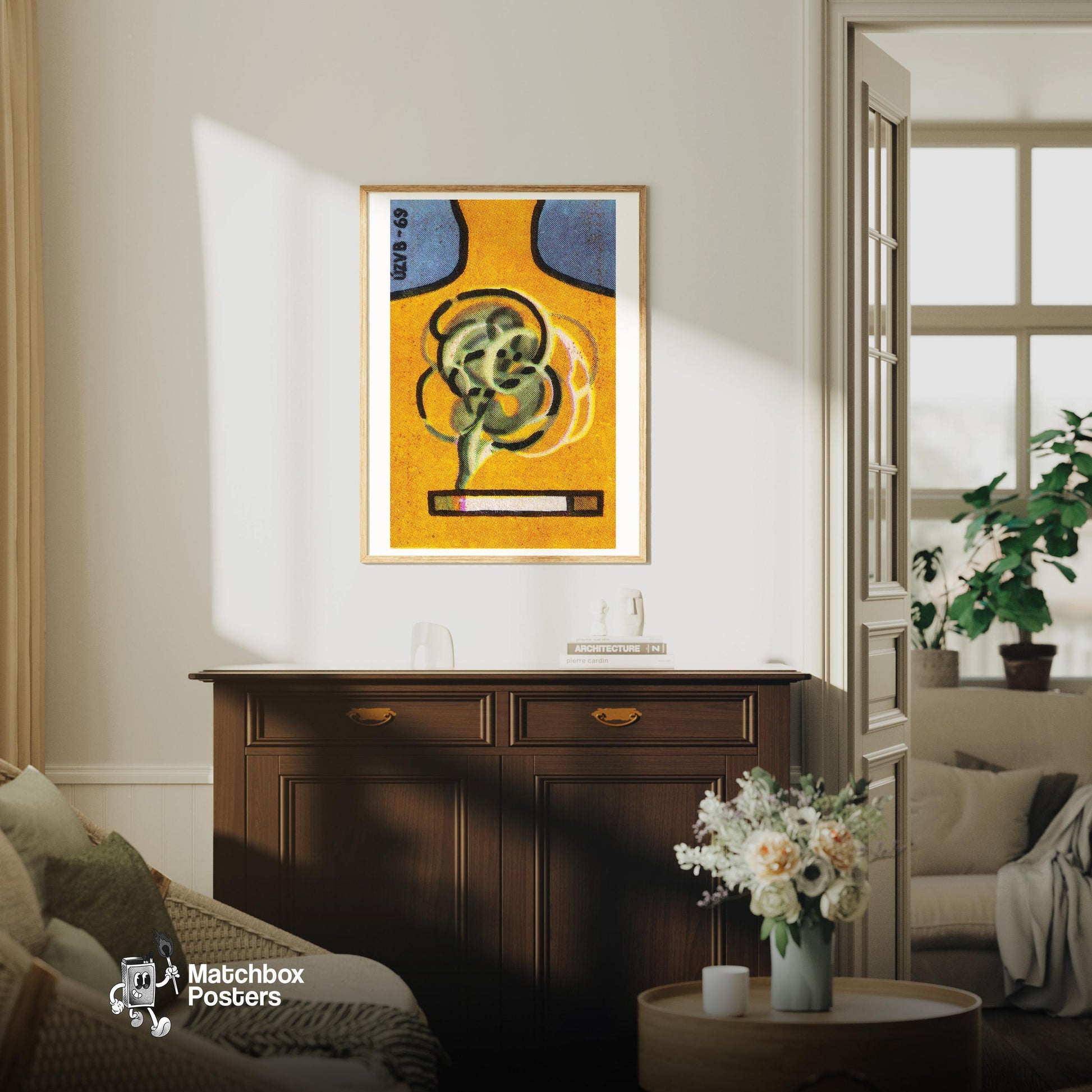 Abstract Swirls - vintage matchbox label print - living room mockup