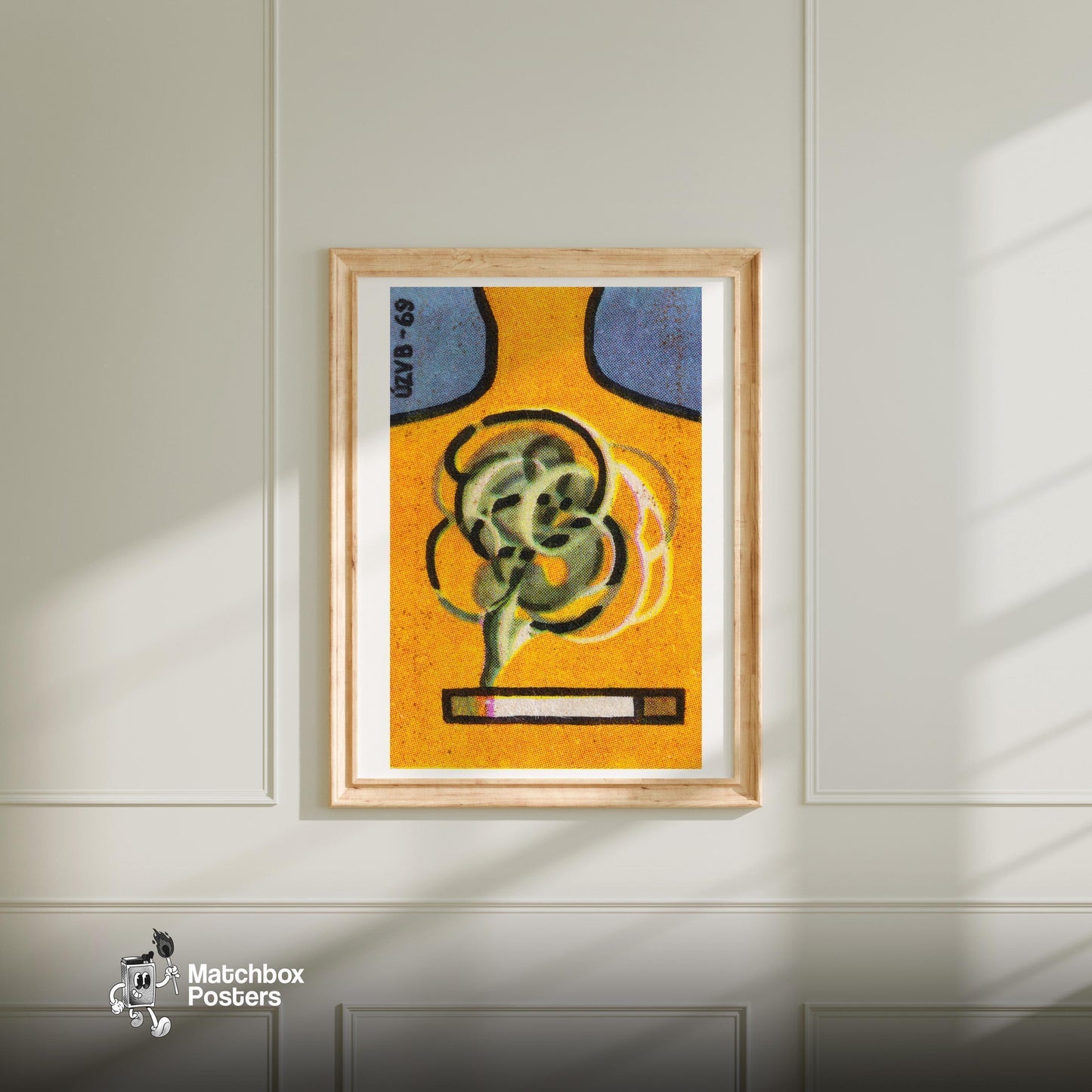 Abstract Swirls - vintage matchbox label print - bedroom mockup
