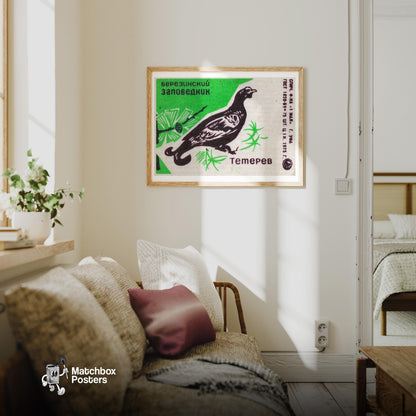 Black Grouse - vintage matchbox label print - living room mockup