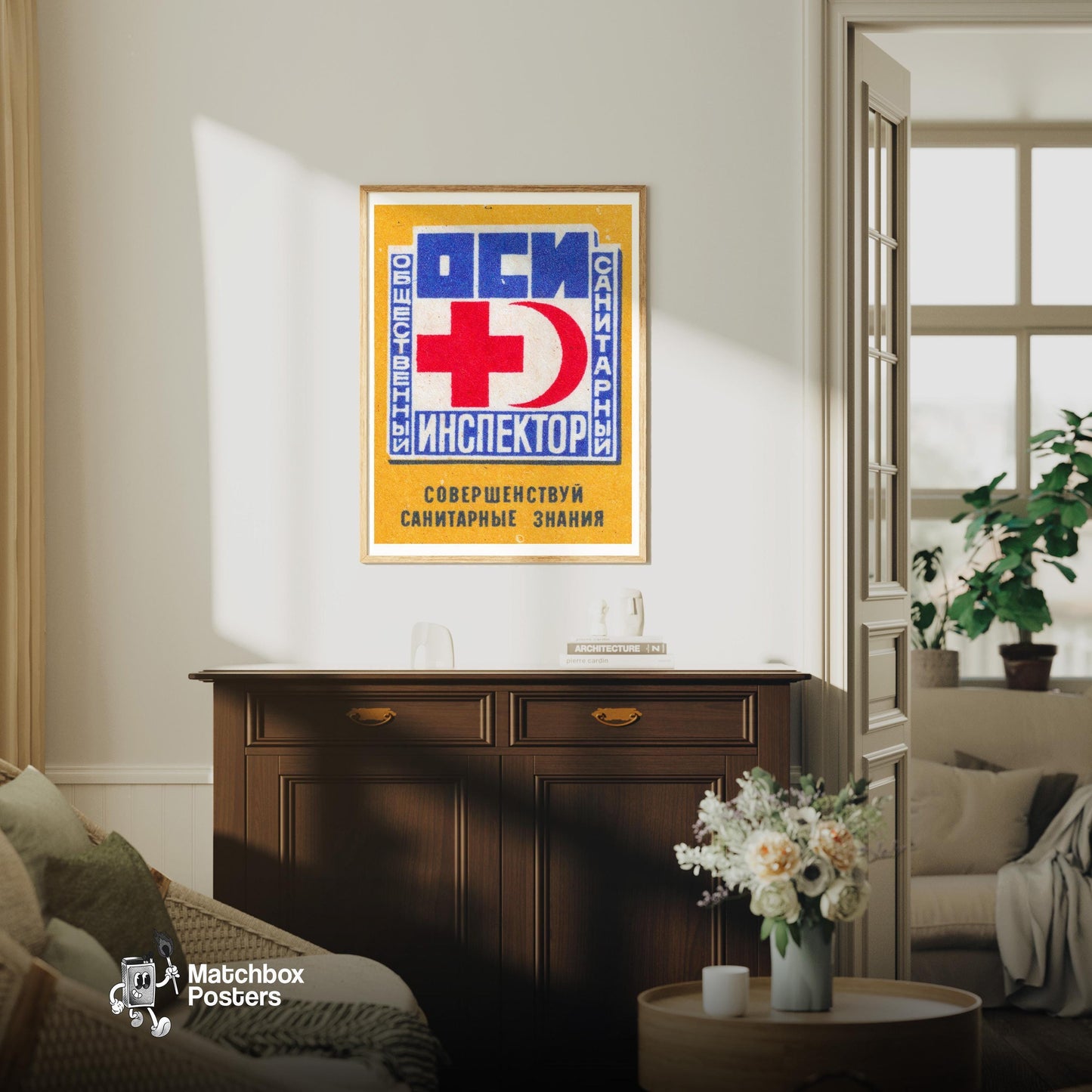 Red Cross - vintage matchbox label print - living room mockup