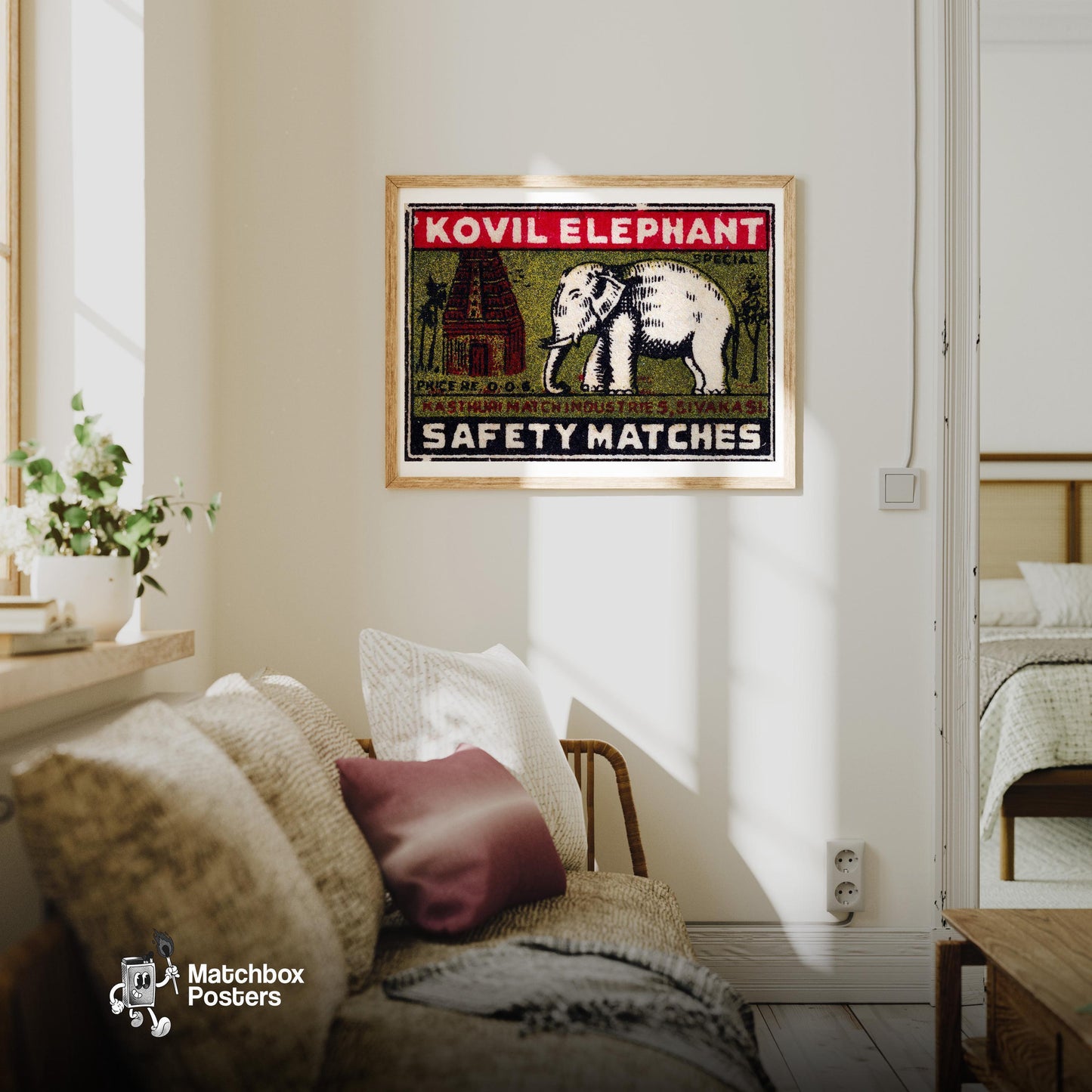 White Elephant Temple - vintage matchbox label print - living room mockup