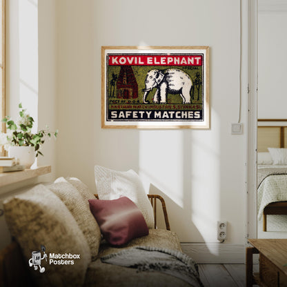 White Elephant Temple - vintage matchbox label print - living room mockup