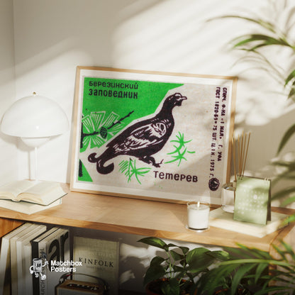 Black Grouse - vintage matchbox label print - office wall