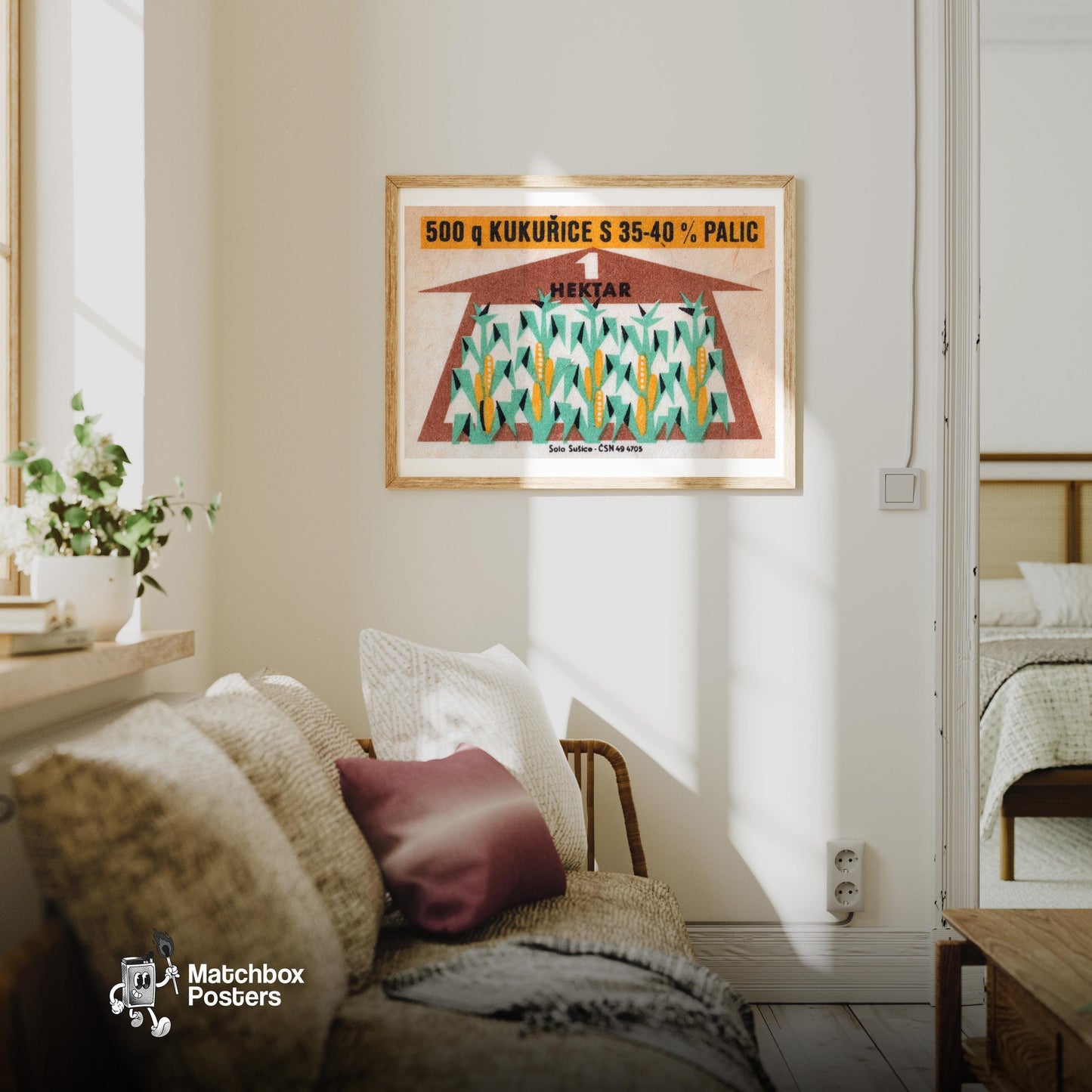 Growing Corn - vintage matchbox label print - living room mockup