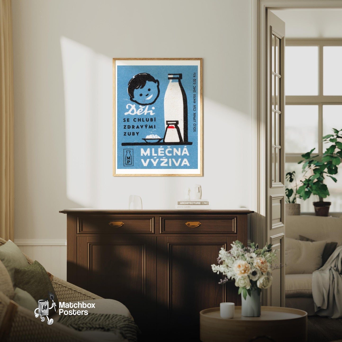 Child with Milk - vintage matchbox label print - living room mockup