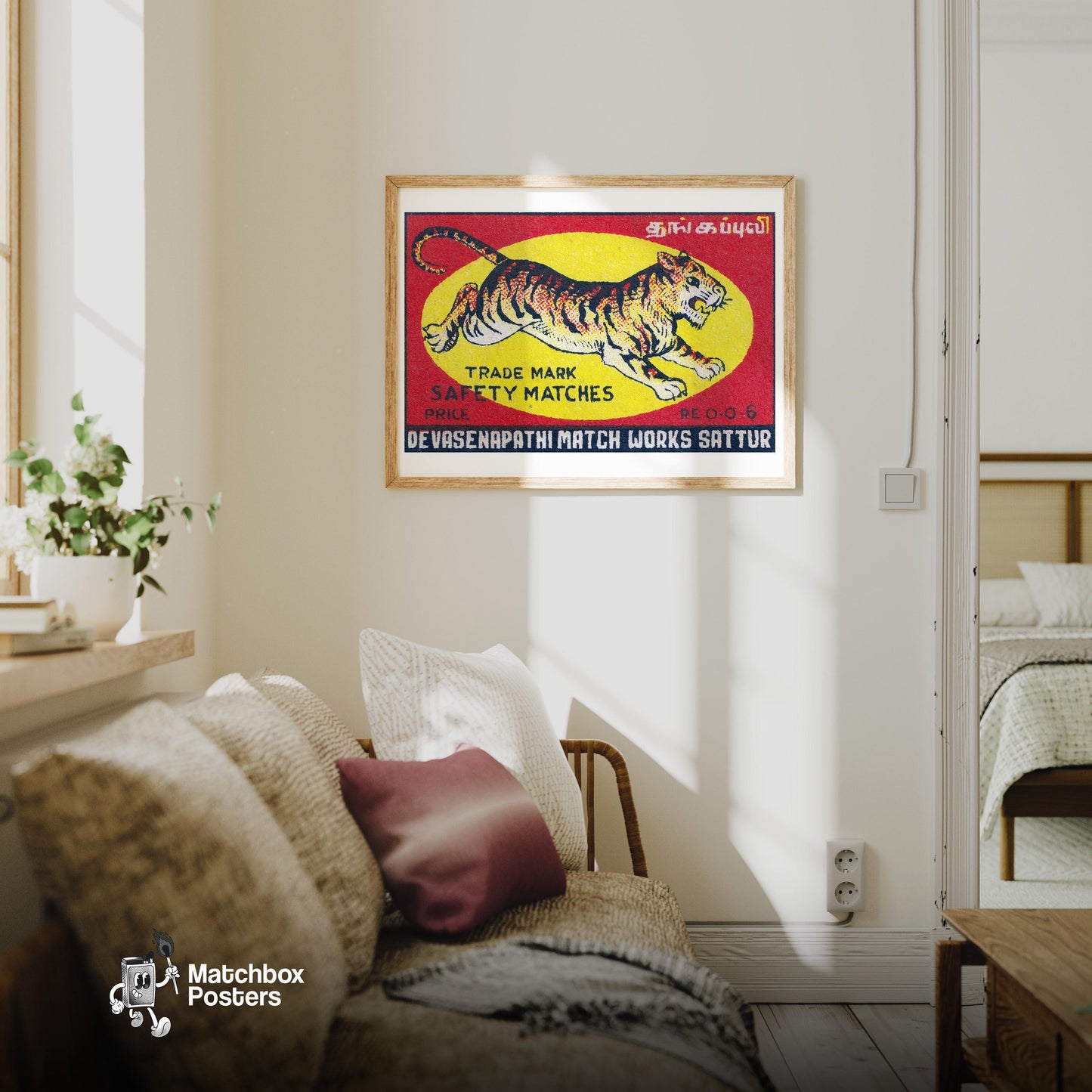 Leaping Tiger - vintage matchbox label print - living room mockup