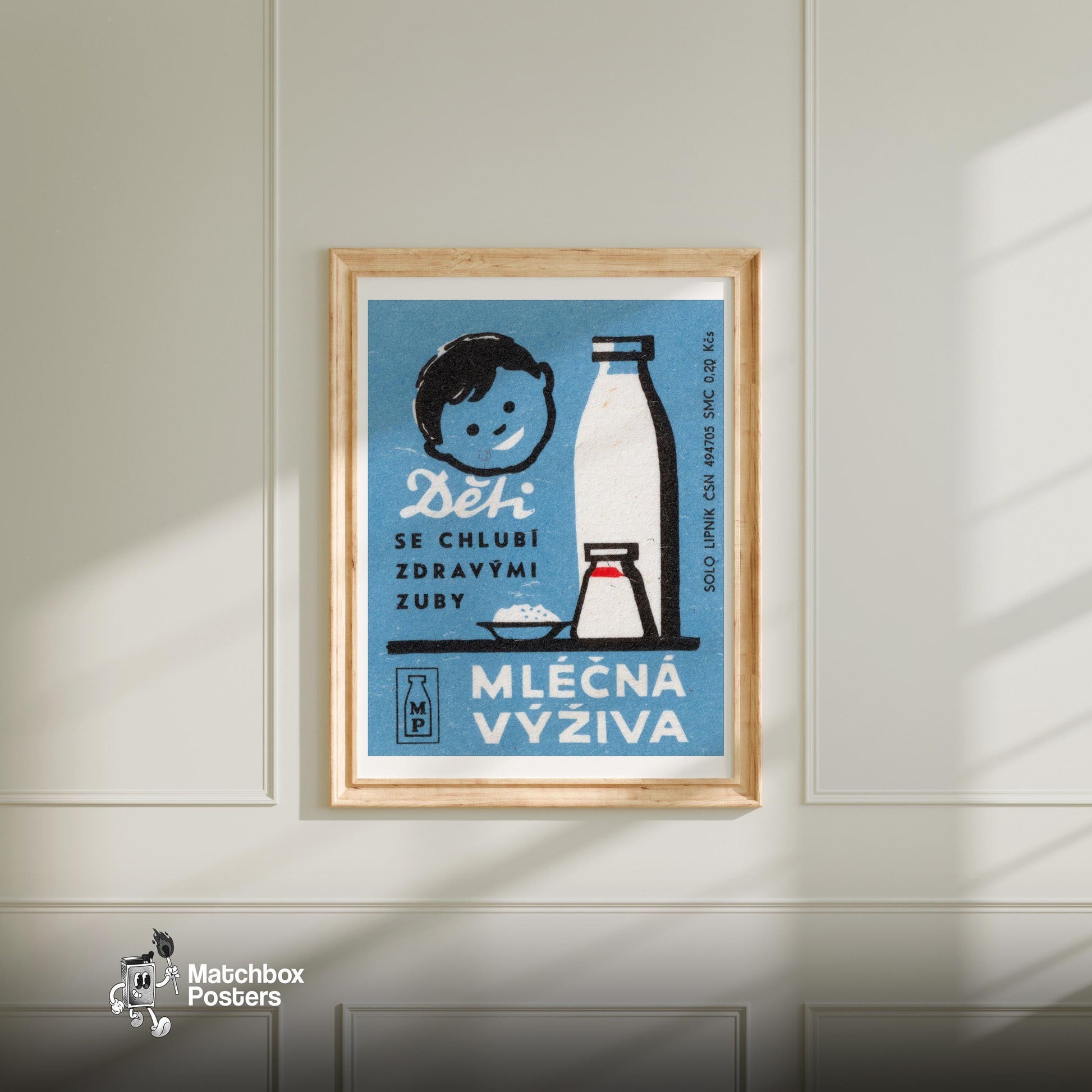 Child with Milk - vintage matchbox label print - bedroom mockup