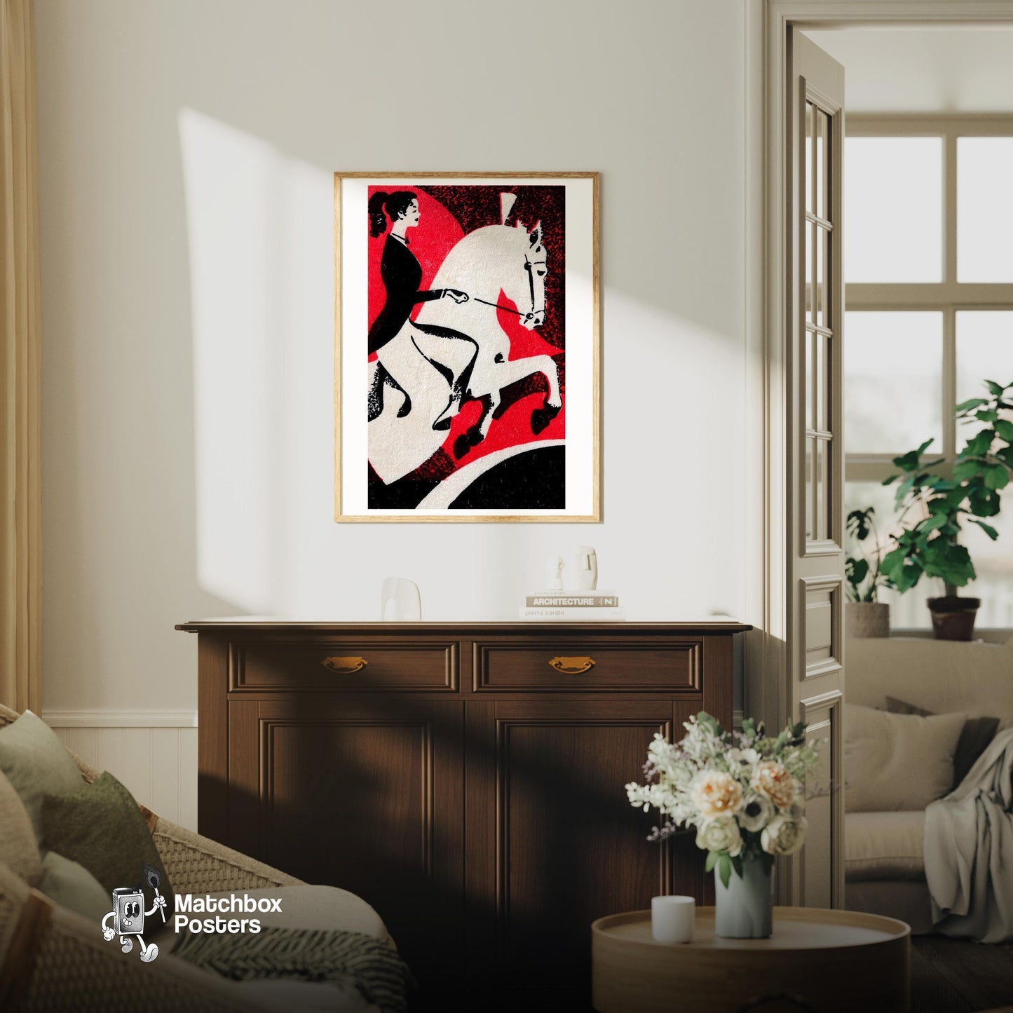Horse Circus - vintage matchbox label print - living room mockup