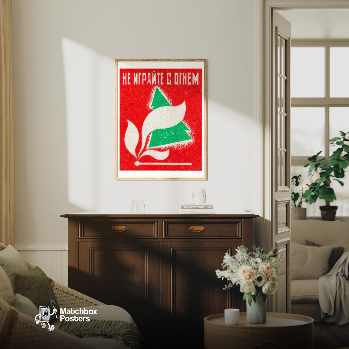 Flame Mid-Century Matchbox Label - vintage matchbox label print - living room mockup