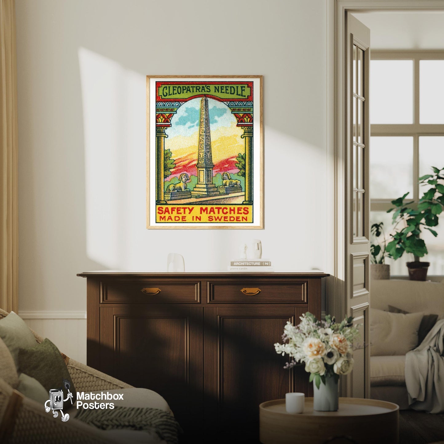 Cleopatra's Needle - vintage matchbox label print - living room mockup