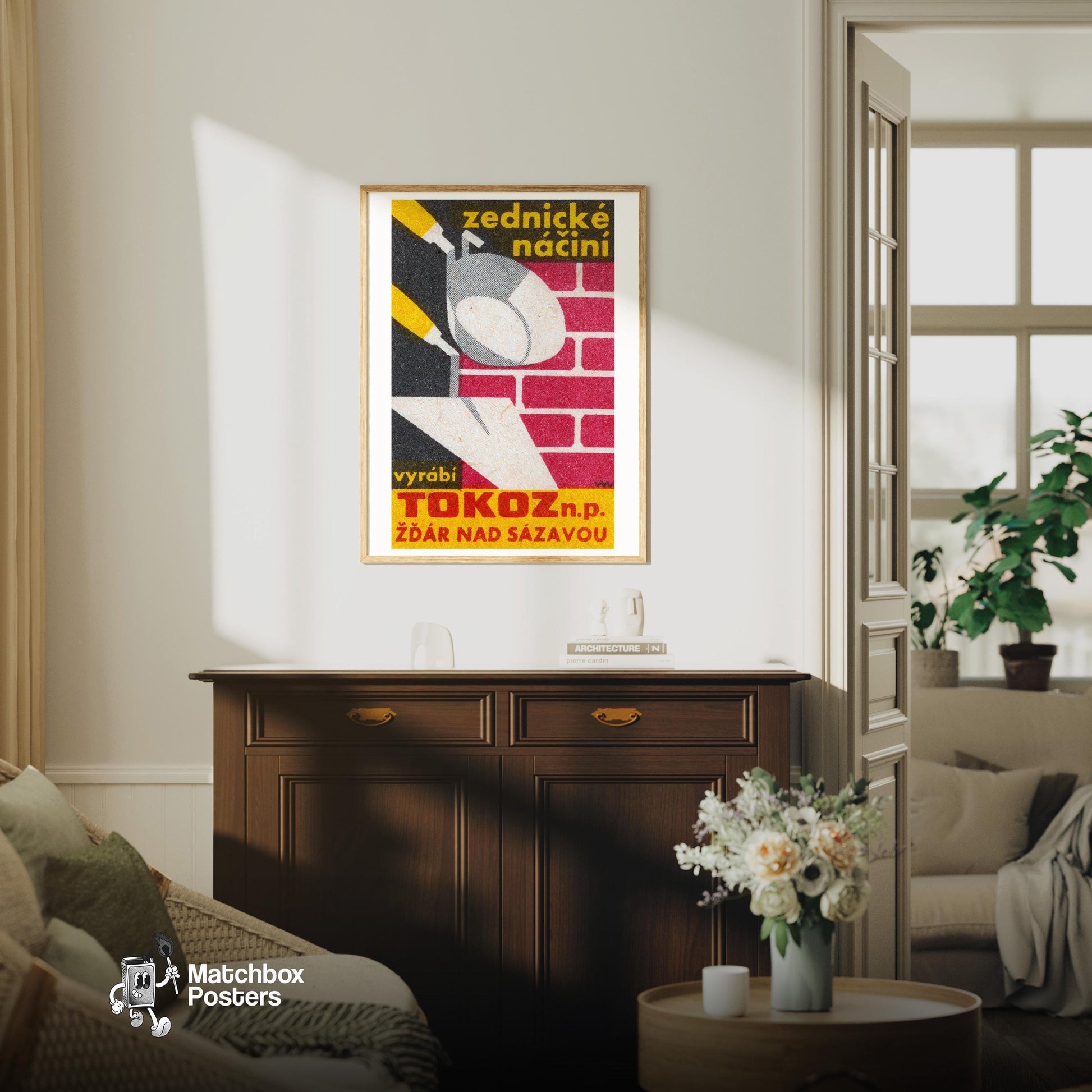Bricklaying Construction - vintage matchbox label print - living room mockup