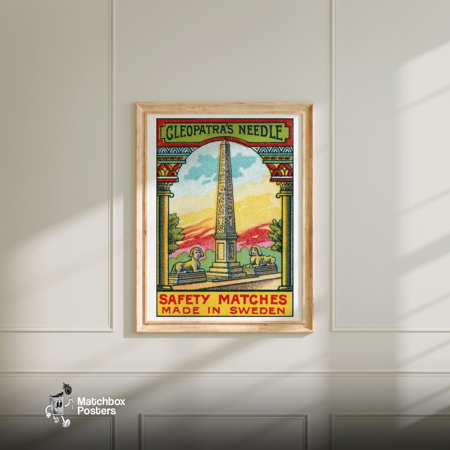 Cleopatra's Needle - vintage matchbox label print - bedroom mockup