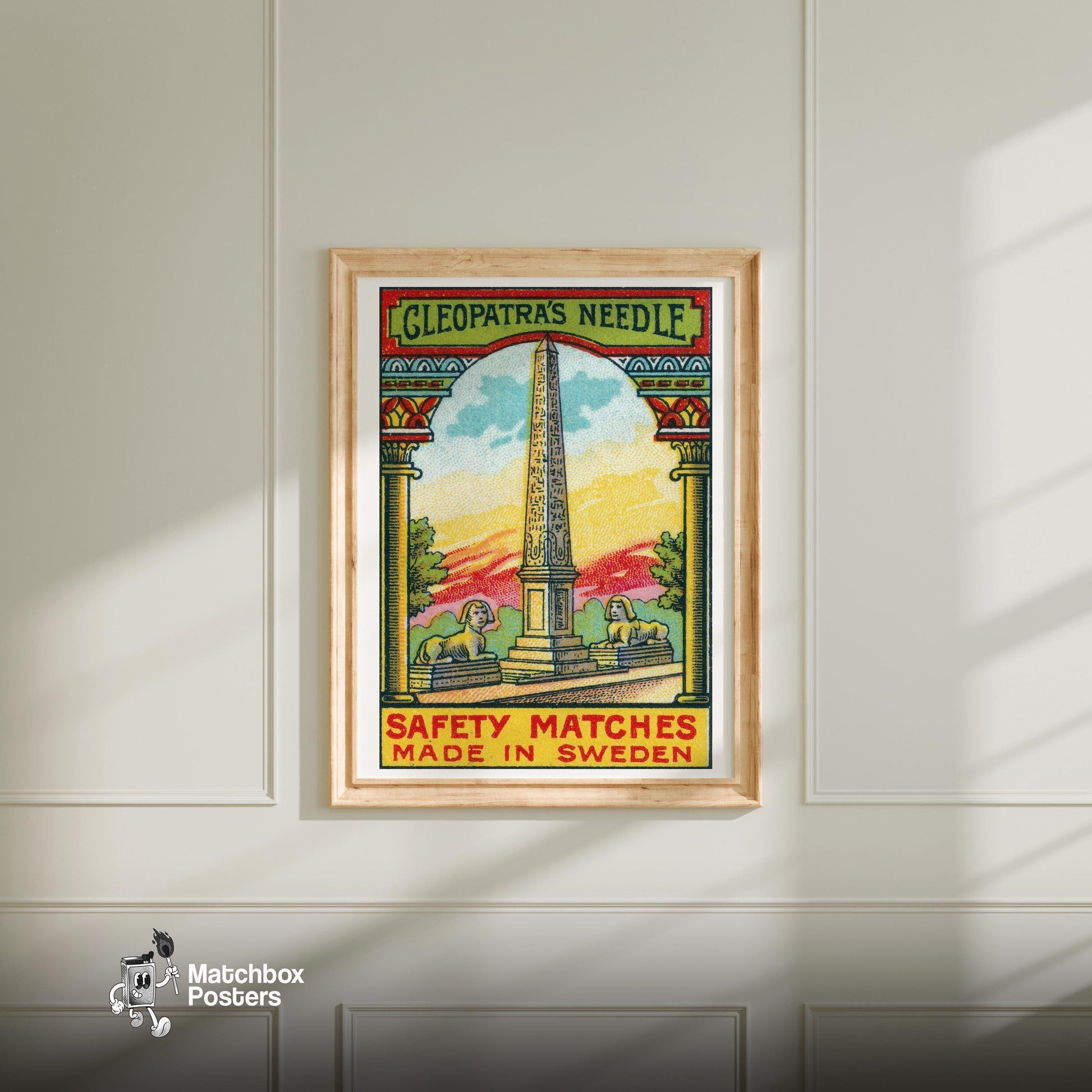 Cleopatra's Needle - vintage matchbox label print - bedroom mockup