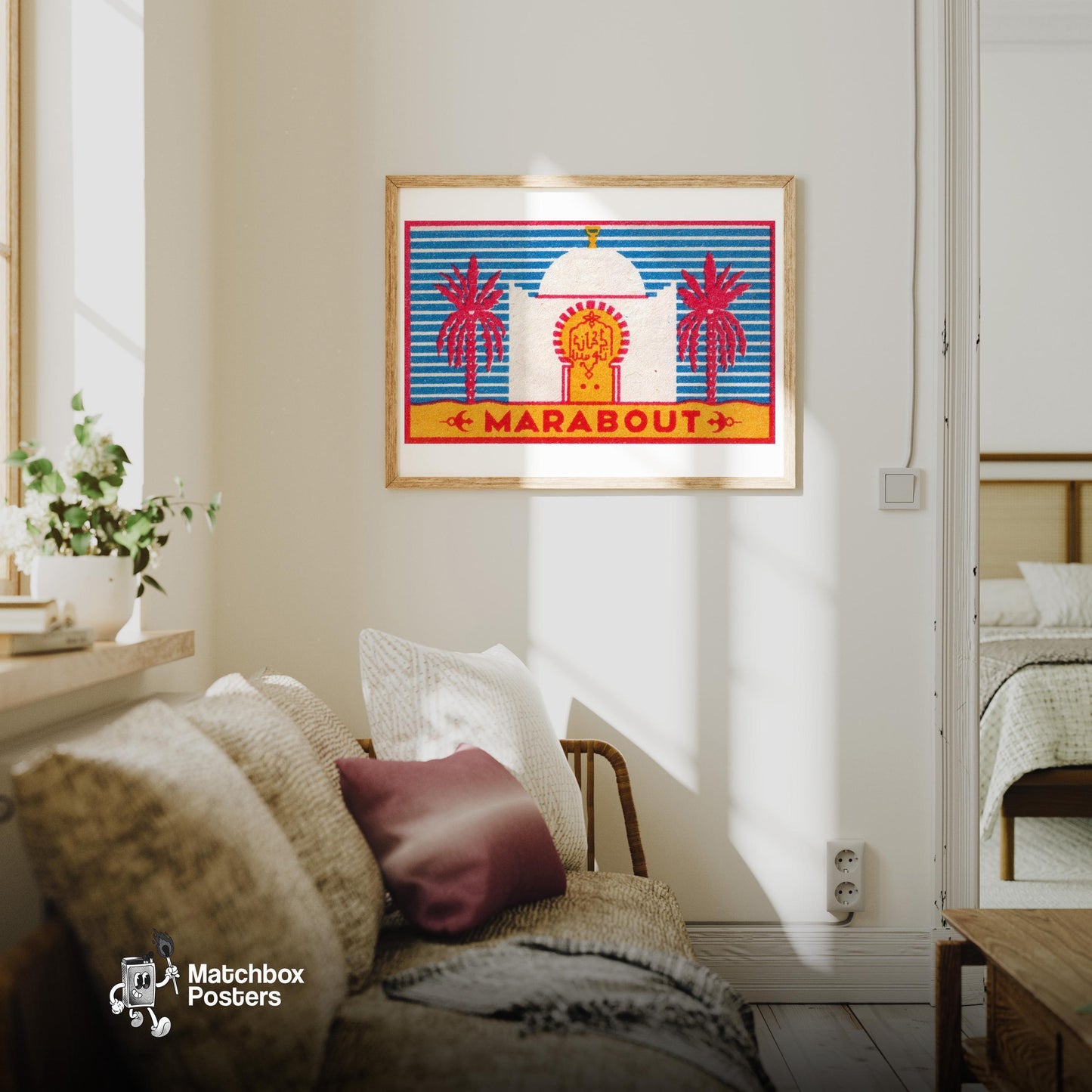 Marabout Temple - vintage matchbox label print - living room mockup