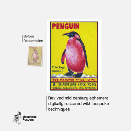 Penguin - vintage matchbox label print - framed wall art preview