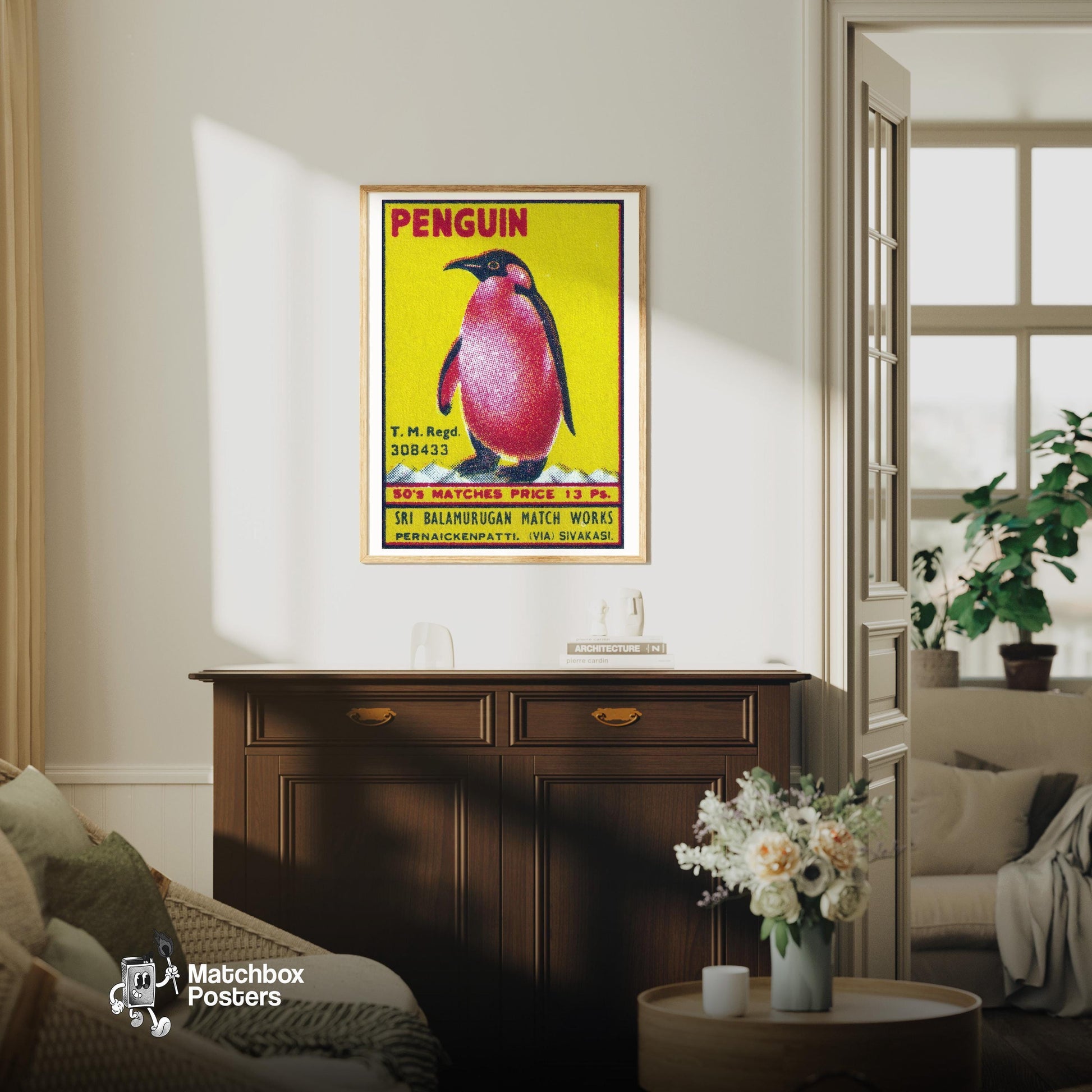 Penguin - vintage matchbox label print - living room mockup