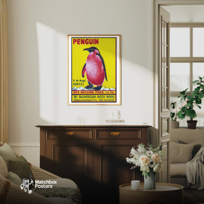 Penguin - vintage matchbox label print - living room mockup