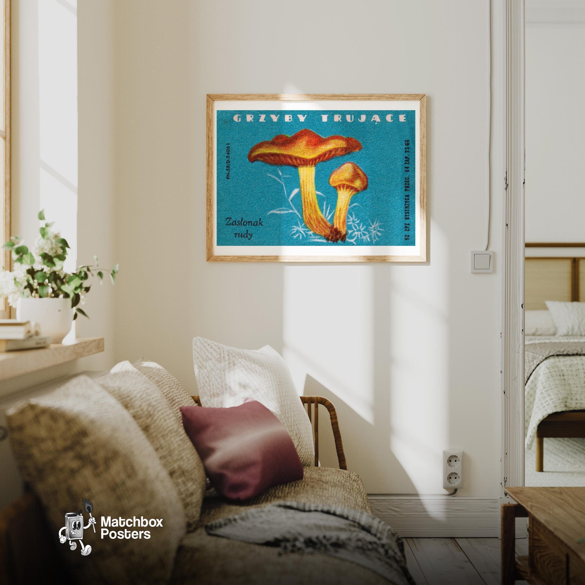 Mushroom - vintage matchbox label print - living room mockup