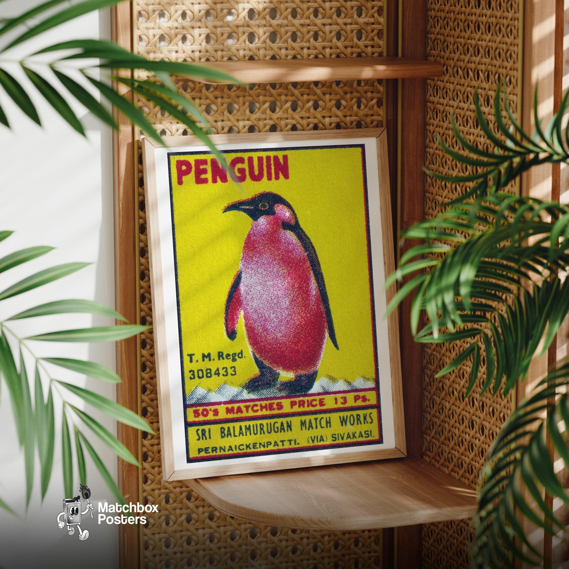 Penguin - vintage matchbox label print - office wall