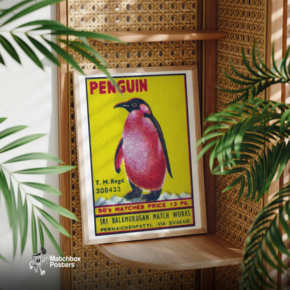 Penguin - vintage matchbox label print - office wall