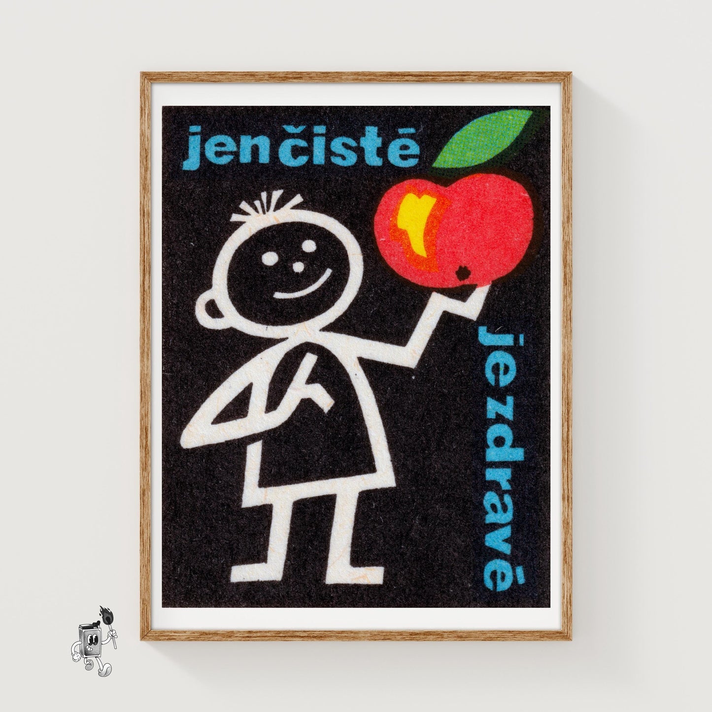 Stick Figure Holding Apple - vintage matchbox label print
