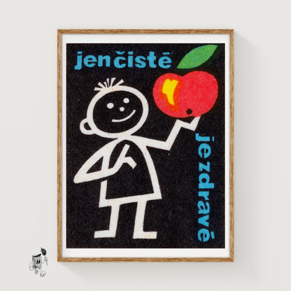 Stick Figure Holding Apple - vintage matchbox label print