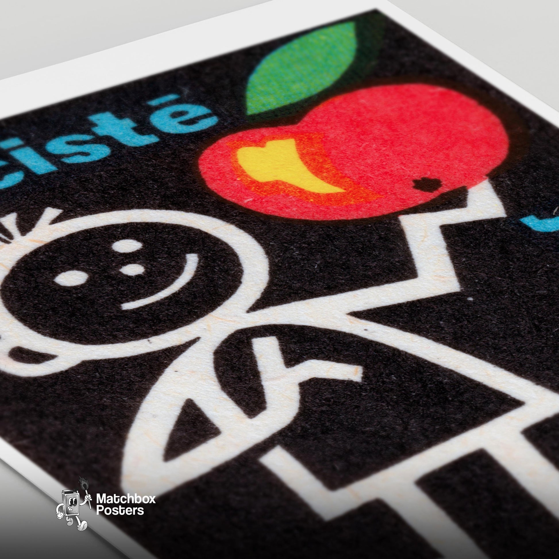 Stick Figure Holding Apple - vintage matchbox label print - close-up detail