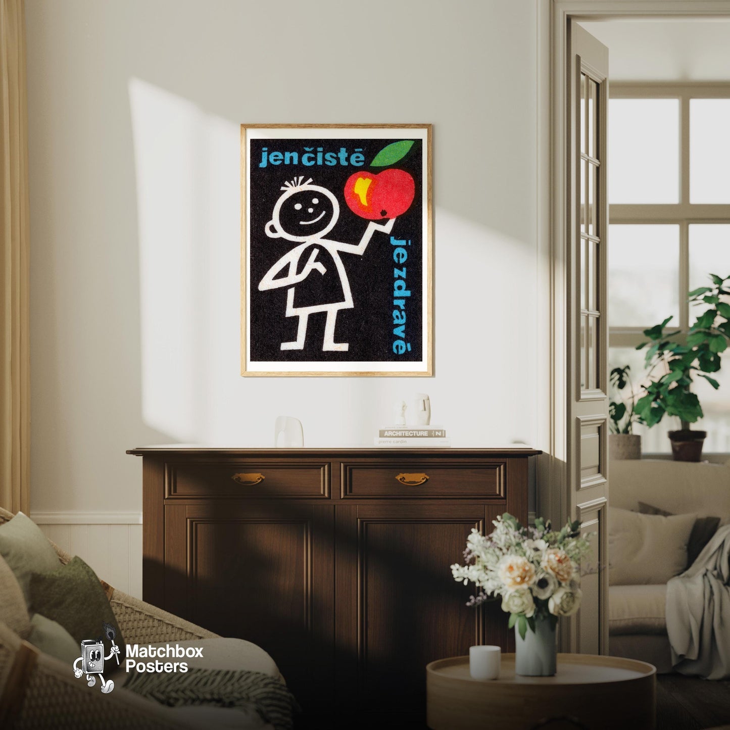 Stick Figure Holding Apple - vintage matchbox label print - living room mockup