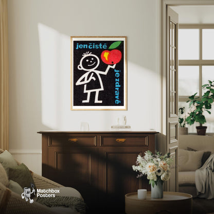 Stick Figure Holding Apple - vintage matchbox label print - living room mockup