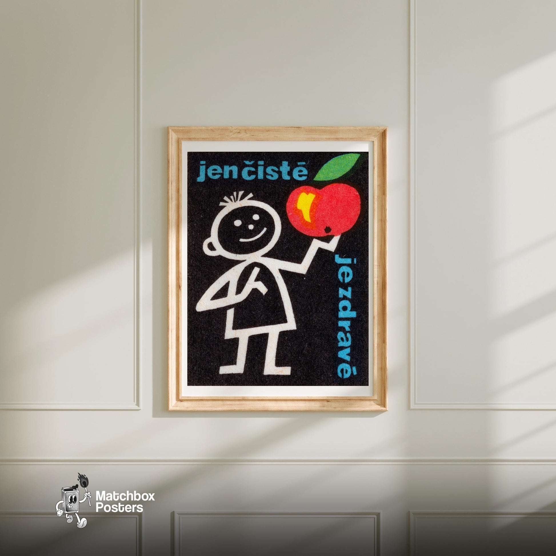 Stick Figure Holding Apple - vintage matchbox label print - bedroom mockup