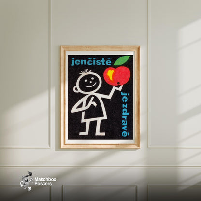 Stick Figure Holding Apple - vintage matchbox label print - bedroom mockup