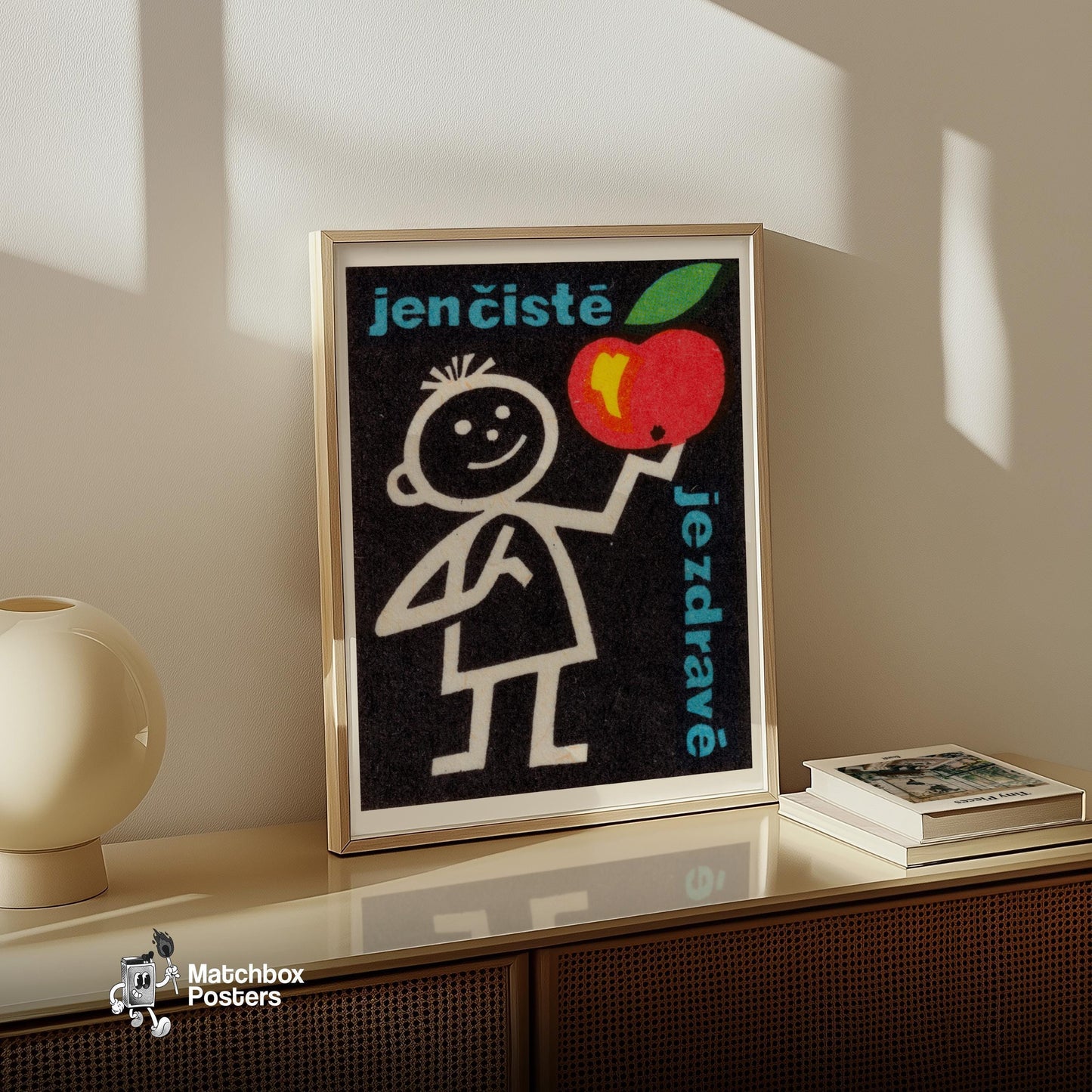 Stick Figure Holding Apple - vintage matchbox label print - size comparison