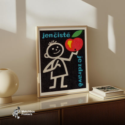 Stick Figure Holding Apple - vintage matchbox label print - size comparison