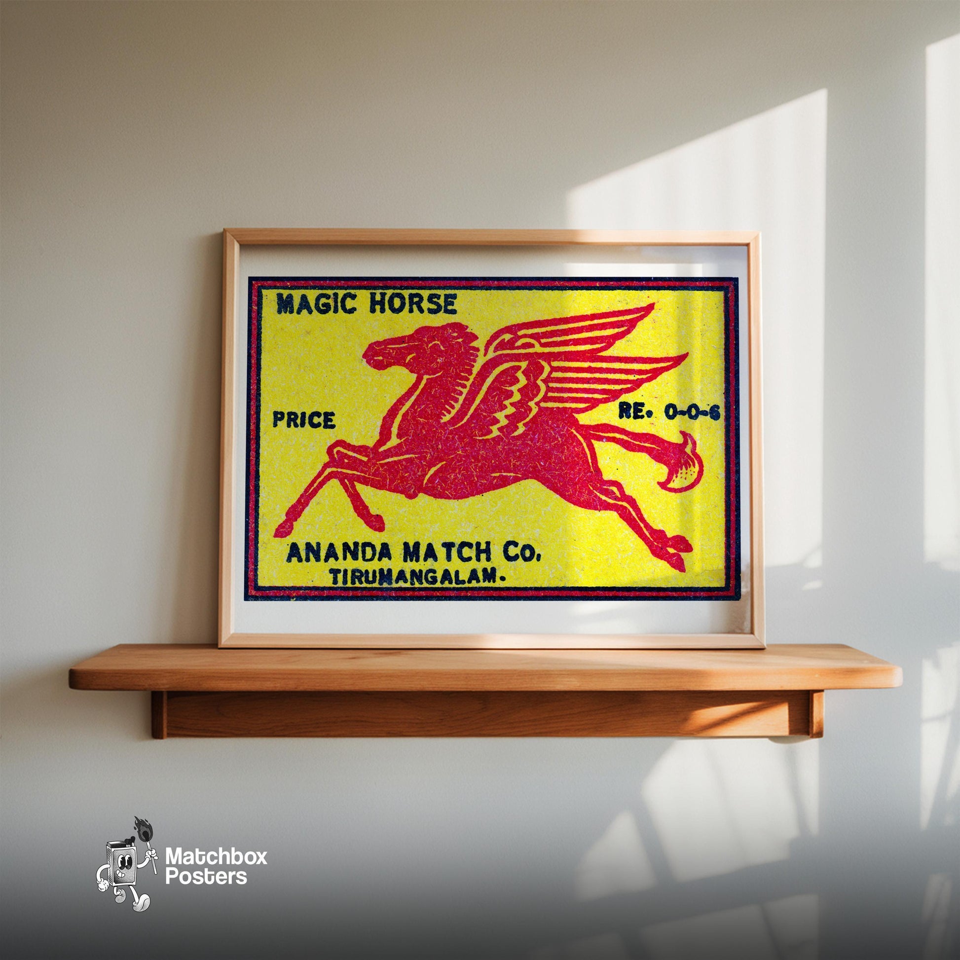 Red Winged Horse - vintage matchbox label print - size comparison