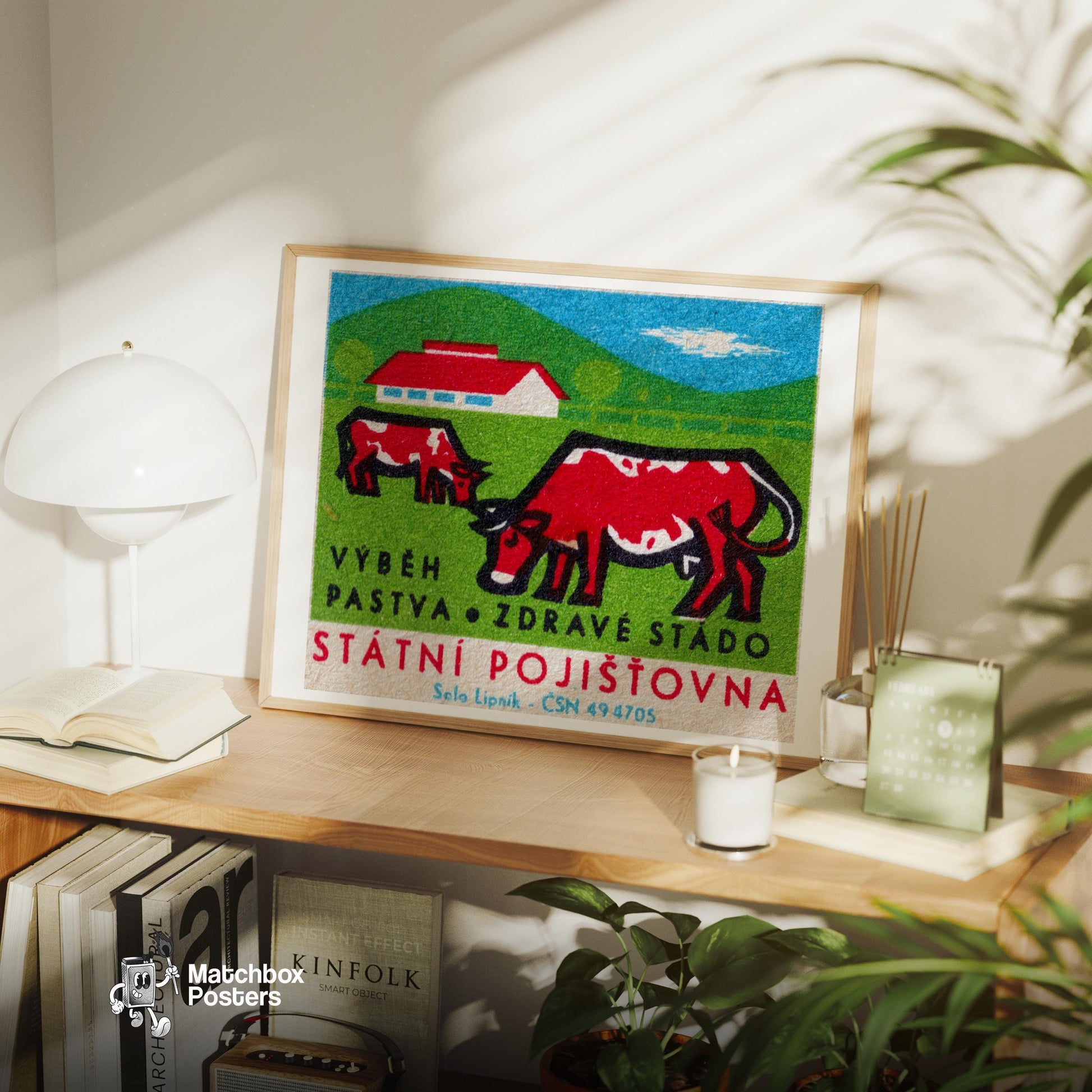 Red Cows - vintage matchbox label print - office wall