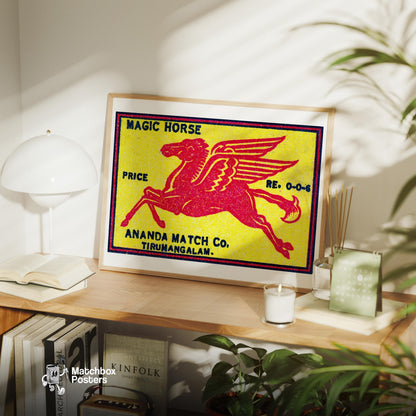 Red Winged Horse - vintage matchbox label print - office wall