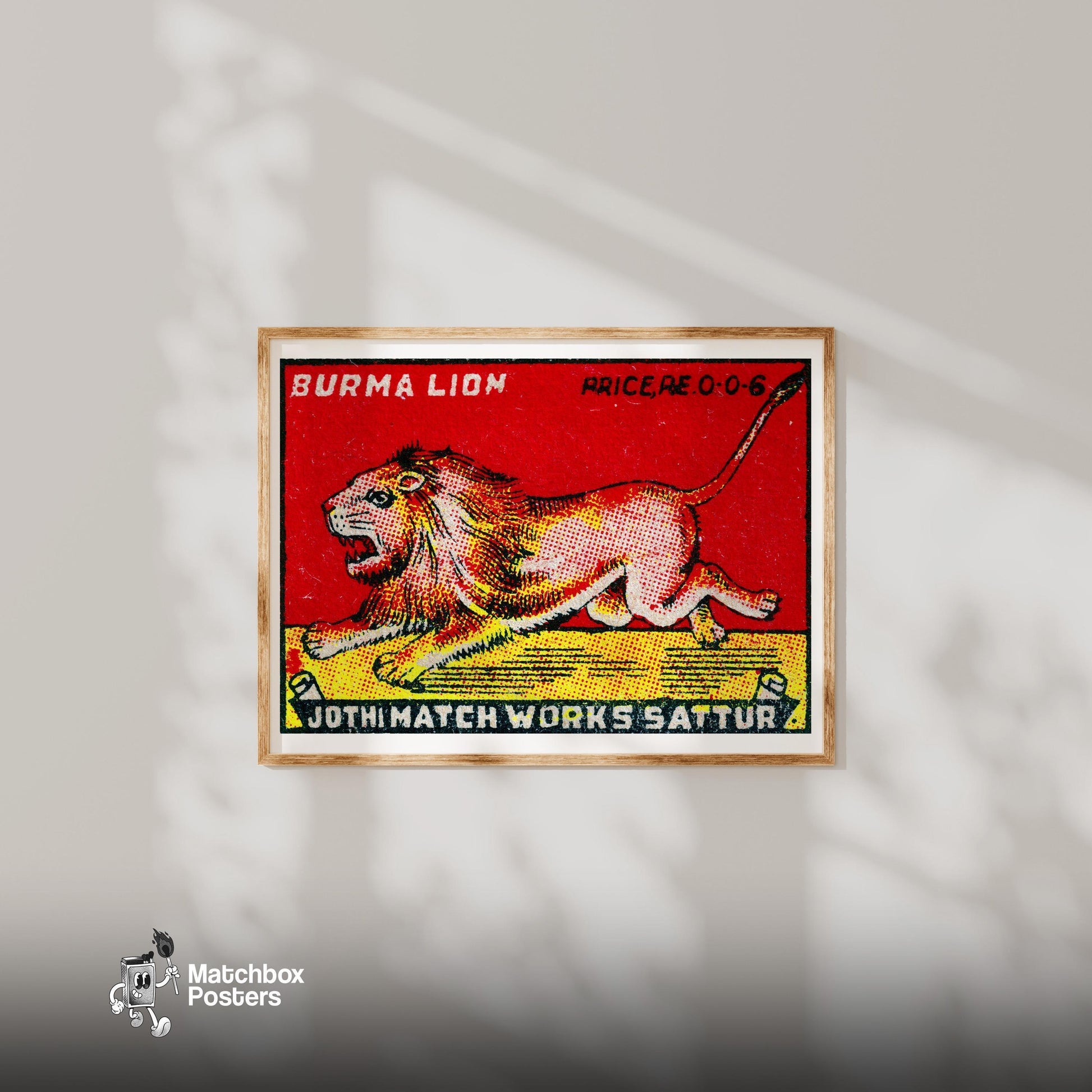 Roaring Lion - vintage matchbox label print - bedroom mockup
