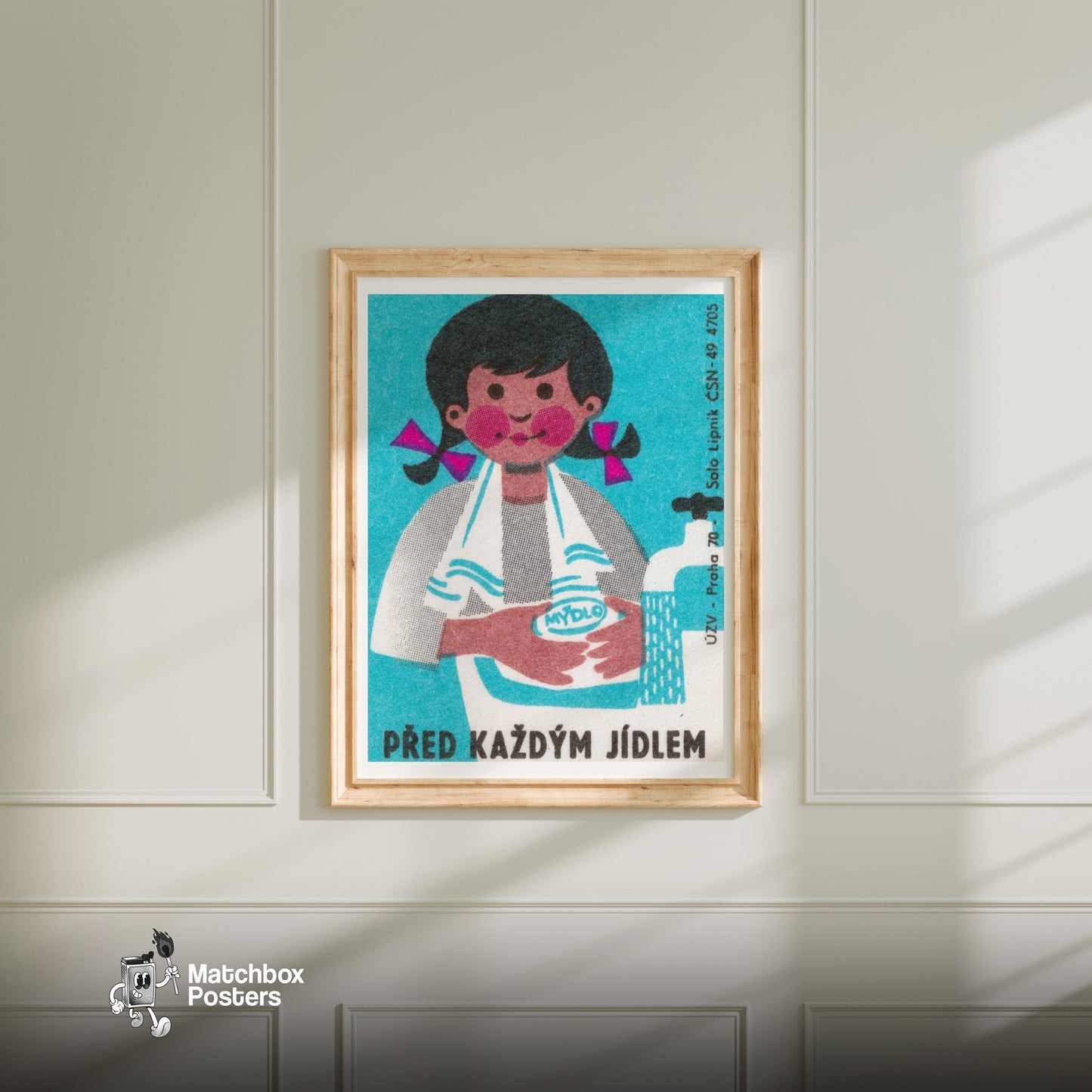 Wash Hands Before Meals - vintage matchbox label print - bedroom mockup